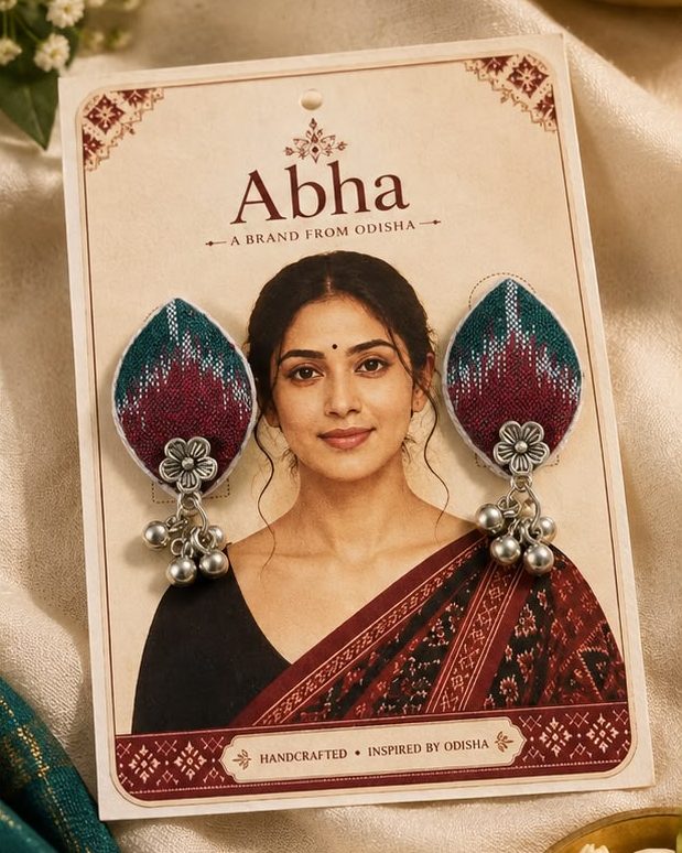Bandha Leaf earrings on the Abha card, teal and maroon leaf shapes with silver flowers