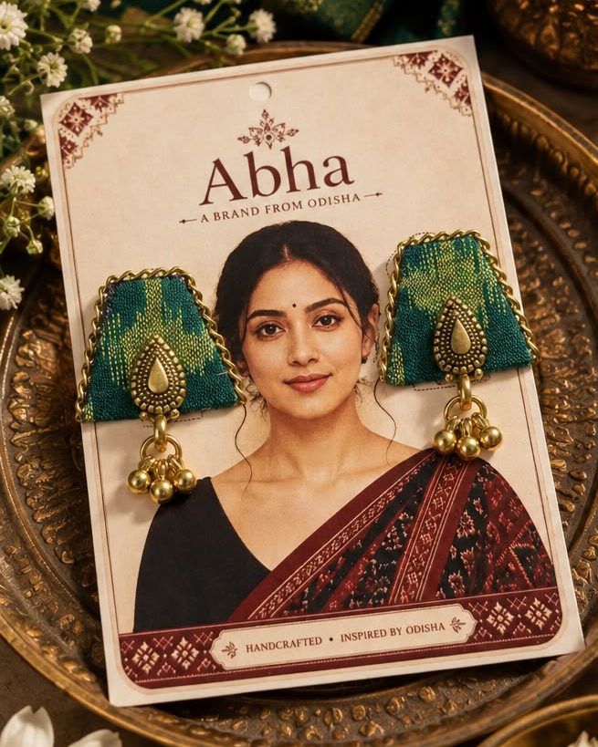 Kumbha Green Drop earrings on the Abha card, green ikat with gold teardrops and bells
