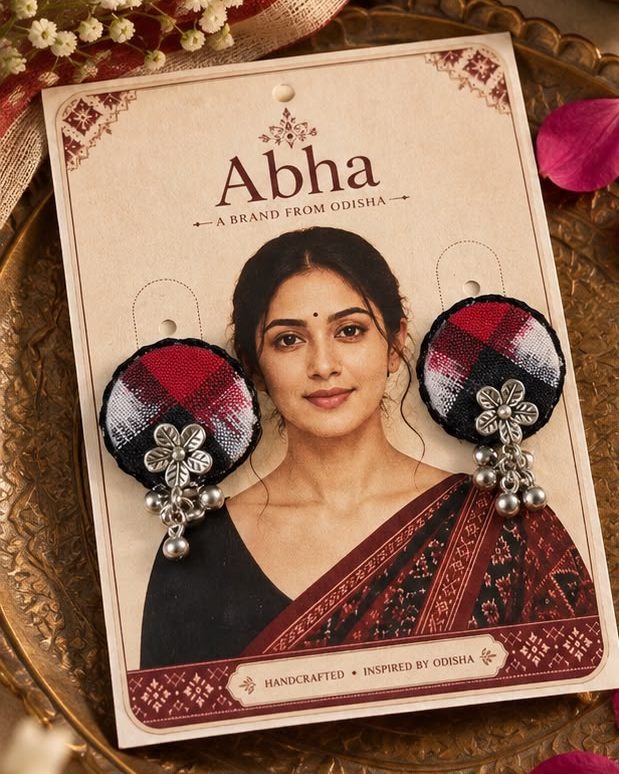 Pasapali Bloom Stud earrings on the Abha card, round red, black and white check with silver flowers