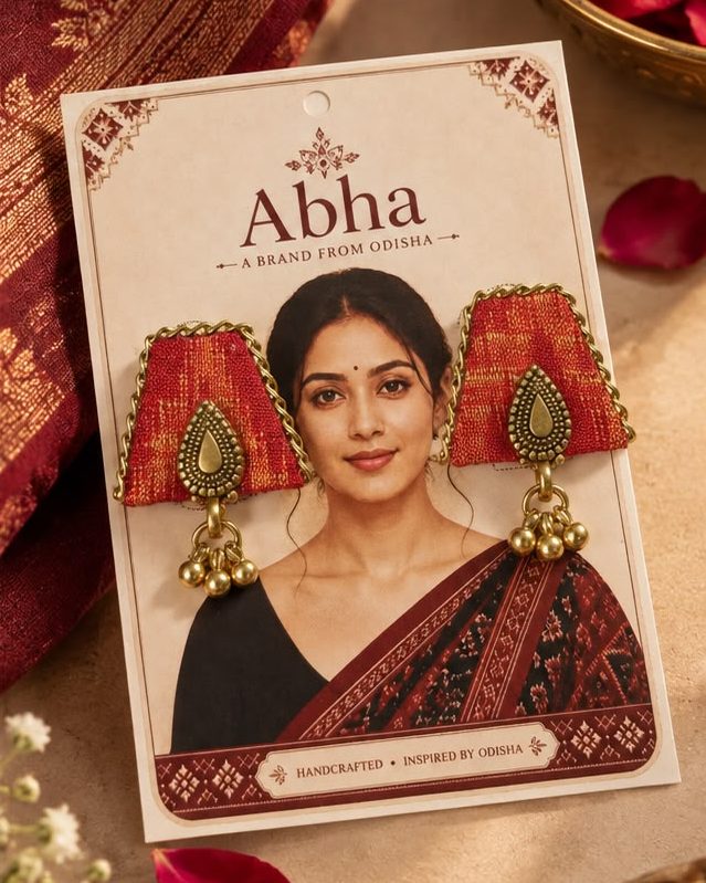 Sindoor Ghungroo earrings on the Abha card, red-orange ikat with gold teardrops and bells